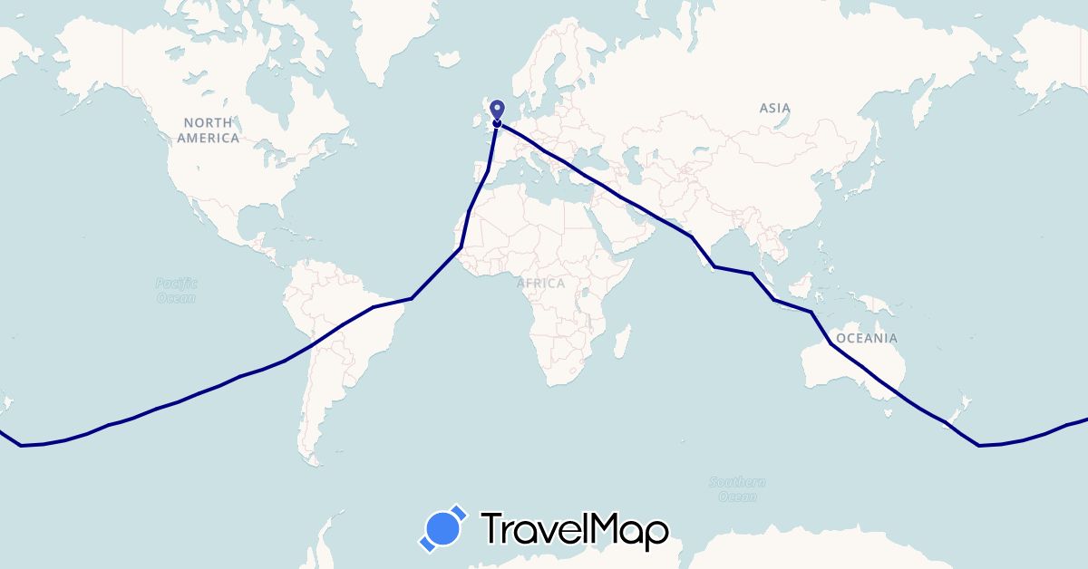 TravelMap itinerary: driving in Australia, Brazil, Chile, Spain, United Kingdom, Croatia, Indonesia, India, Iraq, Iran, Sri Lanka, Morocco, New Zealand, Senegal, Turkey (Africa, Asia, Europe, Oceania, South America)